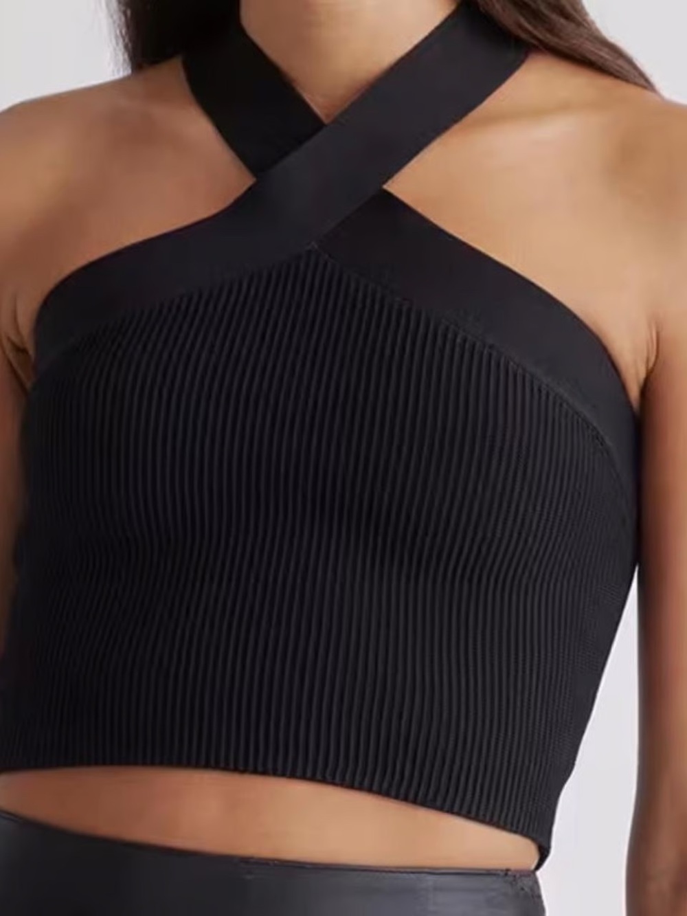 Aritzia Babaton Black Ribbed Crisscross Halter Crop Top